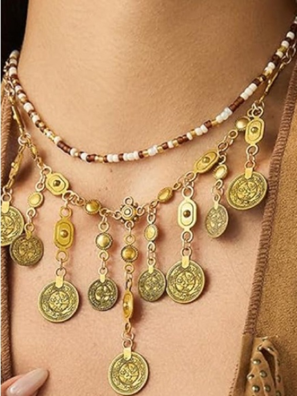 2016 boho necklace. Gold Coin Fringe Statement Necklace - Women Jewelry - Picture 2 of 3